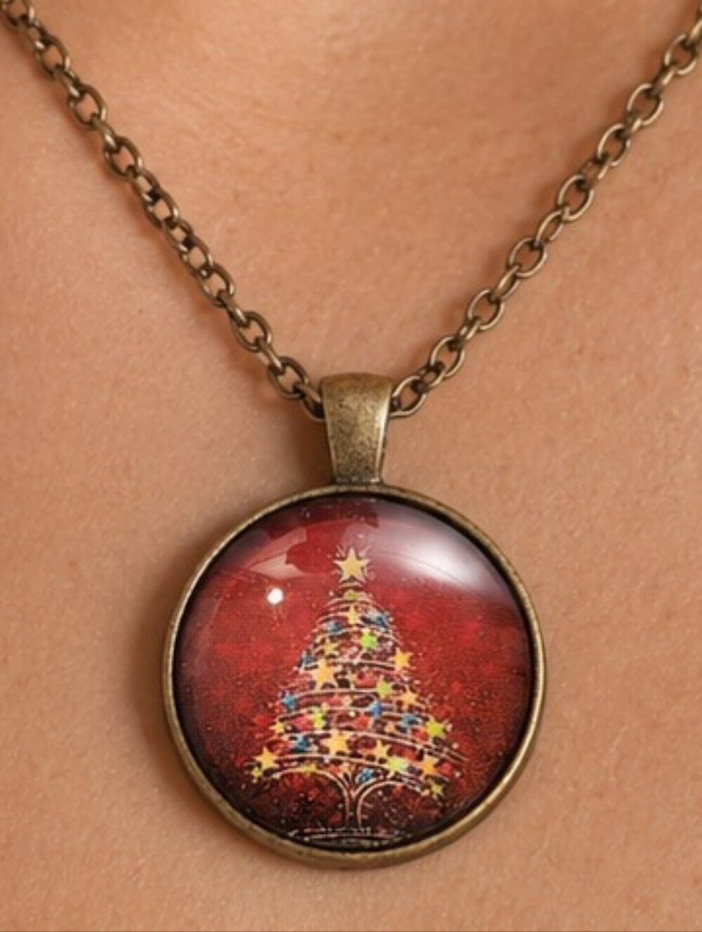 Necklace Christmas Tree Colorful Star Round Glass Pendant Charm Holiday Jewelry